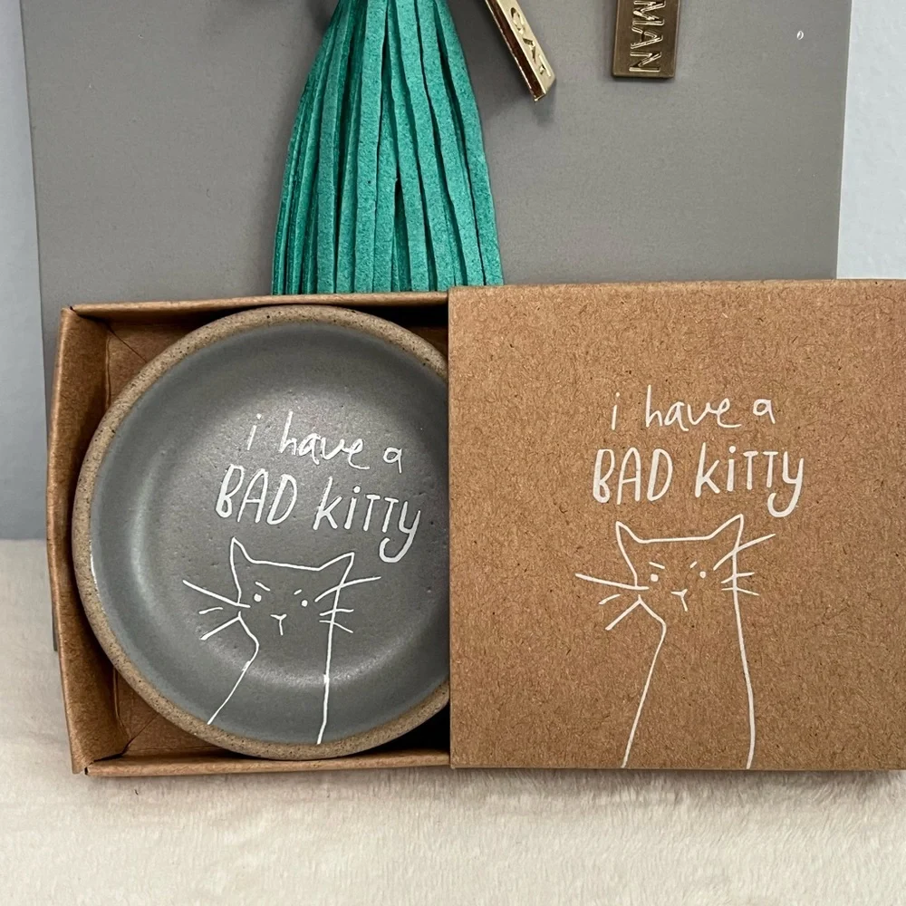 Fringe Studio Tassel Charm &Pet Tag Set With”I Have a Bad Kitty” Decorative Tray